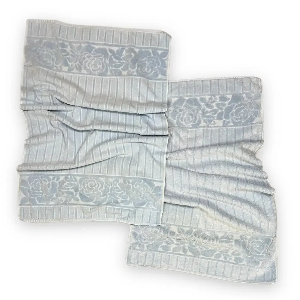 Vintage Mid Century St. Mary's | Blue Sculpted Floral Cotton Bath Hair Towel Set
